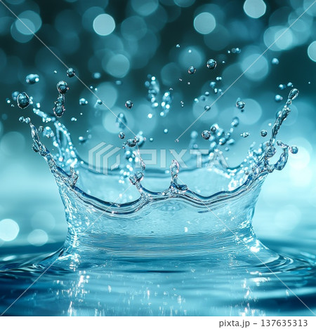 Captivating Water Crown Splashing on Vibrant Blue Surface with Reflections and Radiant Light Effects Captivating Water Crown Splashing on Vibrant Blue Surface with Reflections and Radiant Light Effects 137635313