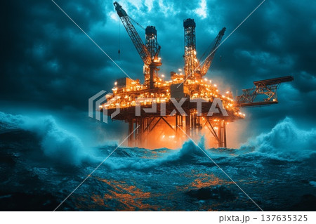 Majestic oil rig battles fierce waves under dark storm clouds in a tumultuous ocean landscape. Majestic oil rig battles fierce waves under dark storm clouds in a tumultuous ocean landscape. 137635325
