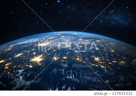 Breathtaking View of Earth Illuminated at Night from Outer Space, Showcasing City Lights and Natural Landscapes 137635332