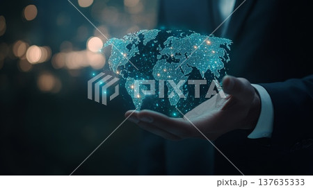 Businessman in Suit Holding a Glowing Globe, Symbolizing Global Connectivity and Innovation in Modern Enterprises Businessman in Suit Holding a Glowing Globe, Symbolizing Global Connectivity and Innovation in Modern Enterprises 137635333