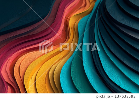 Abstract 3d gradient of periwinkle, marigold, plum and turquoise colors with wavy lines, dark background 137635395