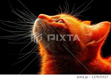 Fire cat profile with flame backlight, dark background 137635427