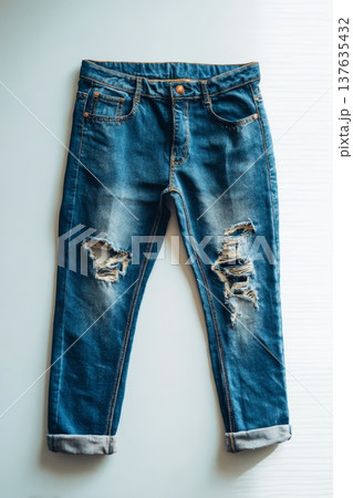 Full-length blue ripped jeans on a white background Full-length blue ripped jeans on a white background 137635432