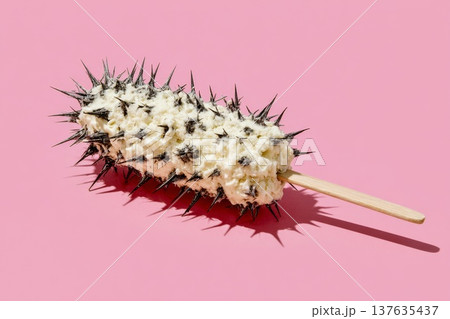 Ice cream covered in white icing on a stick, covered in spikes like a cactus, pink background Ice cream covered in white icing on a stick, covered in spikes like a cactus, pink background 137635437