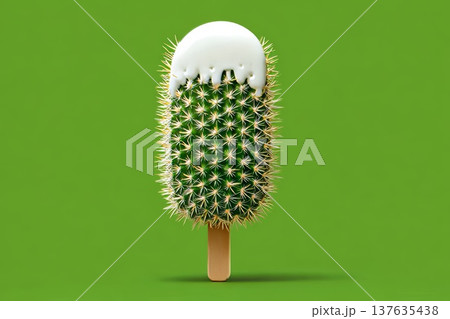 Ice cream covered in white icing on a stick, covered in spikes like a cactus, green background 137635438