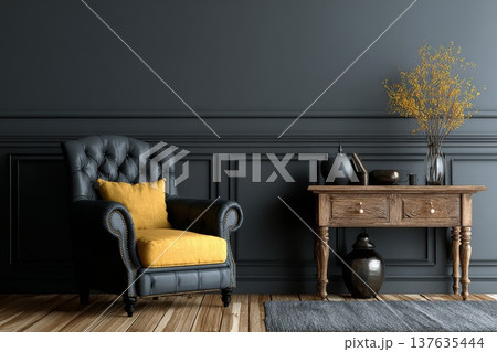 Modern luxury living room interior with black walls, armchair and wooden console Modern luxury living room interior with black walls, armchair and wooden console 137635444
