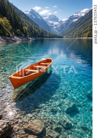 An orange boat in a beautiful clear lake in the middle of a mountain landscape on a sunny day 137635453