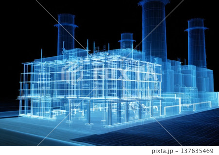3d glowing model of Factory or manufacturing facility or plant, energy and resource delivery and collection see through model 3d glowing model of Factory or manufacturing facility or plant, energy and resource delivery and collection see through model 137635469
