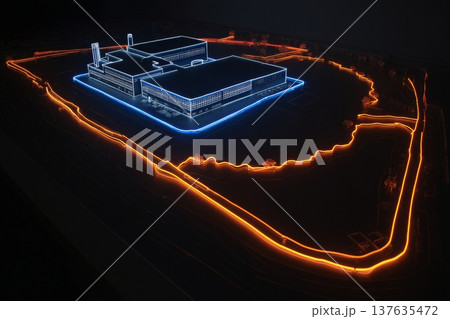 3D industrial model with blue and orange neon building outlines and power lines on a dark background. 137635472
