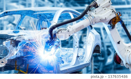 An industrial robot welds a car frame on a modern automated assembly line in an automotive factory. 137635486