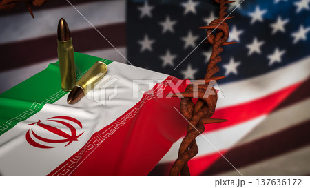 Iran Flag With Bullets and Barbed Wire Against Blurred United States Flag Political Conflict Concept 3d render. 137636172