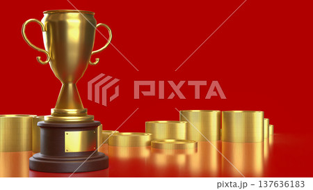 Golden Trophy With Stacked Coins Financial Success And Investment Victory Concept 3d render. Golden Trophy With Stacked Coins Financial Success And Investment Victory Concept 3d render. 137636183