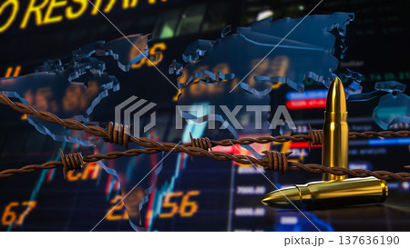 Global Conflict And Economic Crisis Concept With Bullets And World Map 3d render. Global Conflict And Economic Crisis Concept With Bullets And World Map 3d render. 137636190