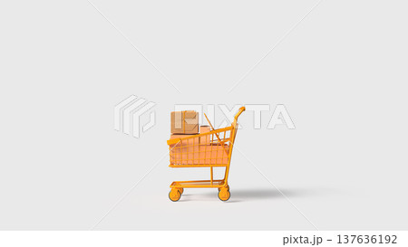 Yellow Shopping Cart Filled With Packages Online Shopping Delivery Concept 3d render. Yellow Shopping Cart Filled With Packages Online Shopping Delivery Concept 3d render. 137636192