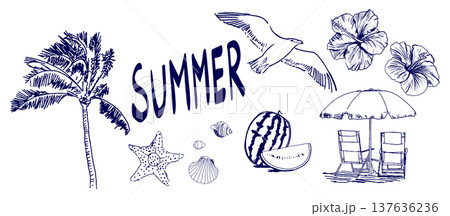 手書きの夏モチーフイラストセット 手書きの夏モチーフイラストセット 137636236