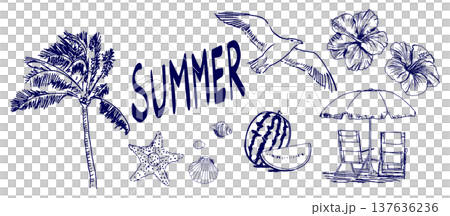 手書きの夏モチーフイラストセット 手書きの夏モチーフイラストセット 137636236