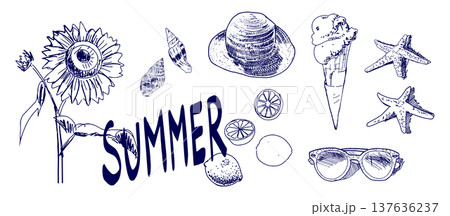 手書きの夏モチーフイラストセット 137636237