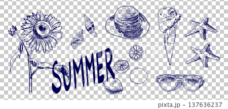 手書きの夏モチーフイラストセット 137636237