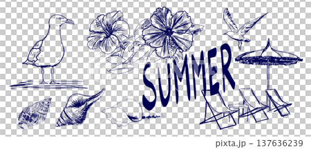 手書きの夏モチーフイラストセット 137636239