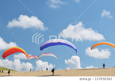 鳥取砂丘でパラグライダーを楽しむ若者たち 137636362