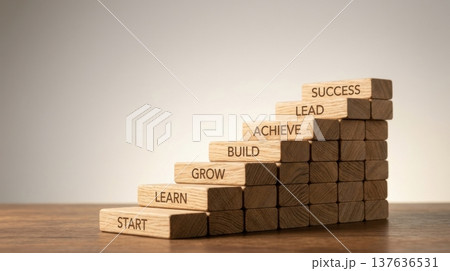 Wooden Block Stair Representing Success Journey from Start to Achievement in Business 137636531