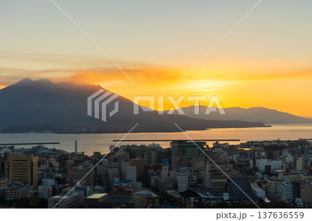 秋の鹿児島県鹿児島市　夜明けの城山公園から桜島を望む 137636559