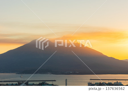 秋の鹿児島県鹿児島市 夜明けの城山公園から桜島を望む 秋の鹿児島県鹿児島市 夜明けの城山公園から桜島を望む 137636562