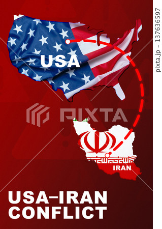 Conflict between Iran and USA shown through a map displaying flags and symbols Conflict between Iran and USA shown through a map displaying flags and symbols 137636597