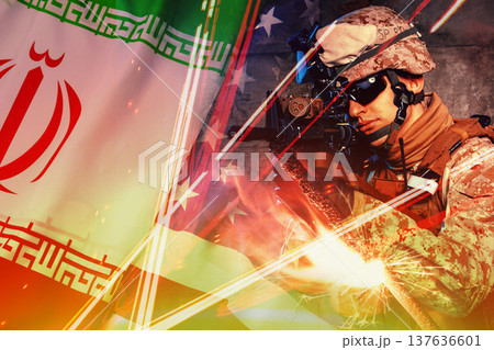 Conflict between Iran and USA displays military tension and readiness in modern warfare context 137636601