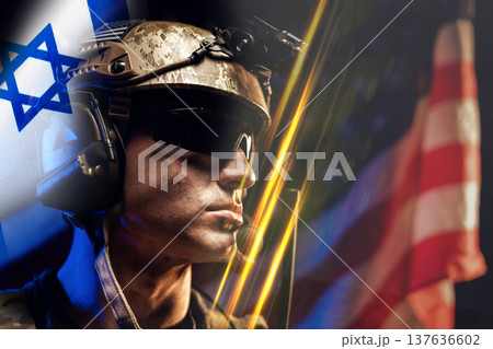 Soldier in uniform stands with flags symbolizing Iran USA conflict and military operations 137636602