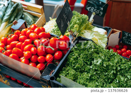Fresh tomatoes and lettuce at a local market in the morning sun Fresh tomatoes and lettuce at a local market in the morning sun 137636626