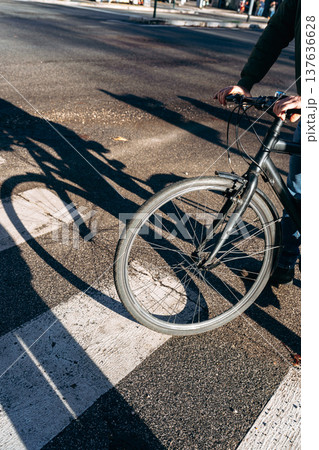 Biker stops at crosswalk during midday in a city street with shadows cast on pavement 137636628