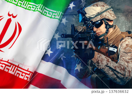 Conflict between Iran and USA captured in soldier's stance 137636632