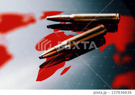 Conflict between Iran and USA shown through bullets and red map representation 137636636