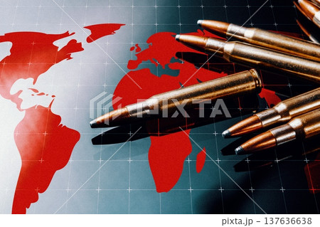 Conflict between Iran and USA illustrated through bullets on a world map 137636638