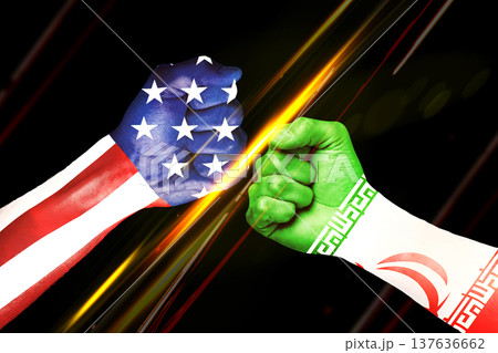 Conflict between Iran and USA shown through colored hands representing each nation 137636662