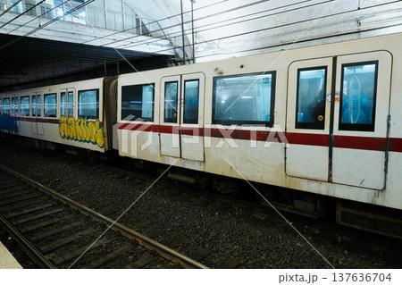 Subway train at a station during the day with visible graffiti on the side Subway train at a station during the day with visible graffiti on the side 137636704