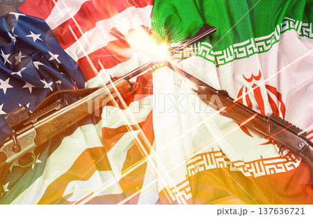 Conflict between Iran and USA shown with guns and flags in background Conflict between Iran and USA shown with guns and flags in background 137636721