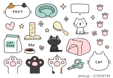 猫や猫の手・猫用品のイラストセット 猫や猫の手・猫用品のイラストセット 137636740