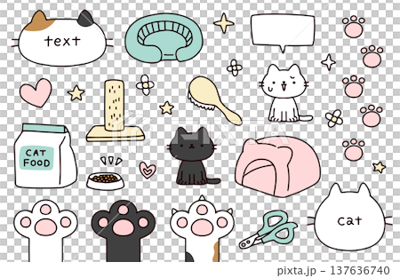 猫や猫の手・猫用品のイラストセット 猫や猫の手・猫用品のイラストセット 137636740