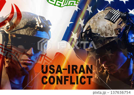 Conflict between USA and Iran highlighted by symbols of war and military forces 137636754