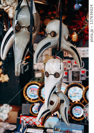 Masks hang in a shop in Venice during the Carnival season in early March 137636924