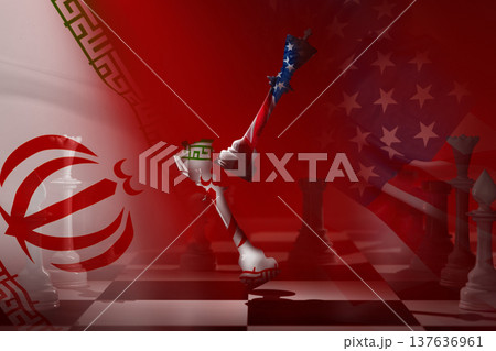 Conflict between Iran and USA depicted through chess imagery and symbolism in a game setting 137636961