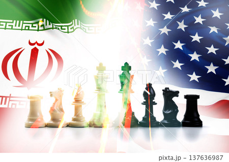 Tension between Iran and USA represented through a chess game on a divided backdrop 137636987