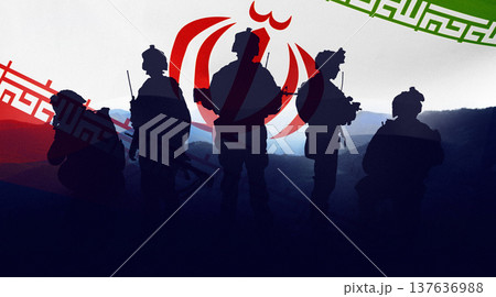 Conflict between Iran and USA highlighted through silhouette of soldiers and national colors 137636988