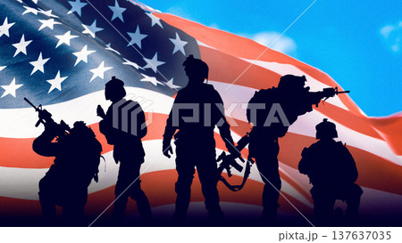 Soldiers pose in front of a large American flag during tensions with Iran 137637035