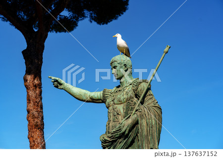 Statue of a historical figure with a bird on the head in an outdoor setting Statue of a historical figure with a bird on the head in an outdoor setting 137637152