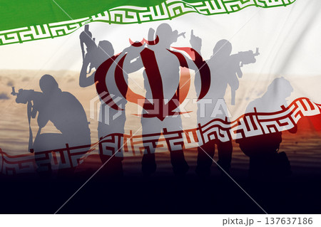Iran and USA conflict seen through silhouettes of armed figures on national flags Iran and USA conflict seen through silhouettes of armed figures on national flags 137637186