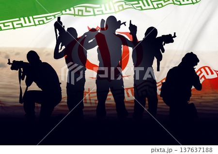 Tensions rise between Iran and USA with armed figures silhouetted against a flag backdrop Tensions rise between Iran and USA with armed figures silhouetted against a flag backdrop 137637188
