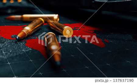 Conflict between Iran and USA seen on map with bullets on table Conflict between Iran and USA seen on map with bullets on table 137637190